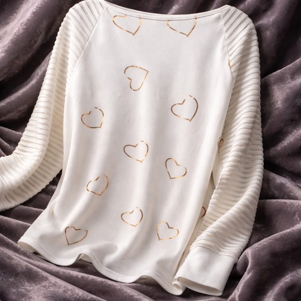 White and Gold Heart Long Sleeve Top V Neck EXLG - Picture 6 of 8